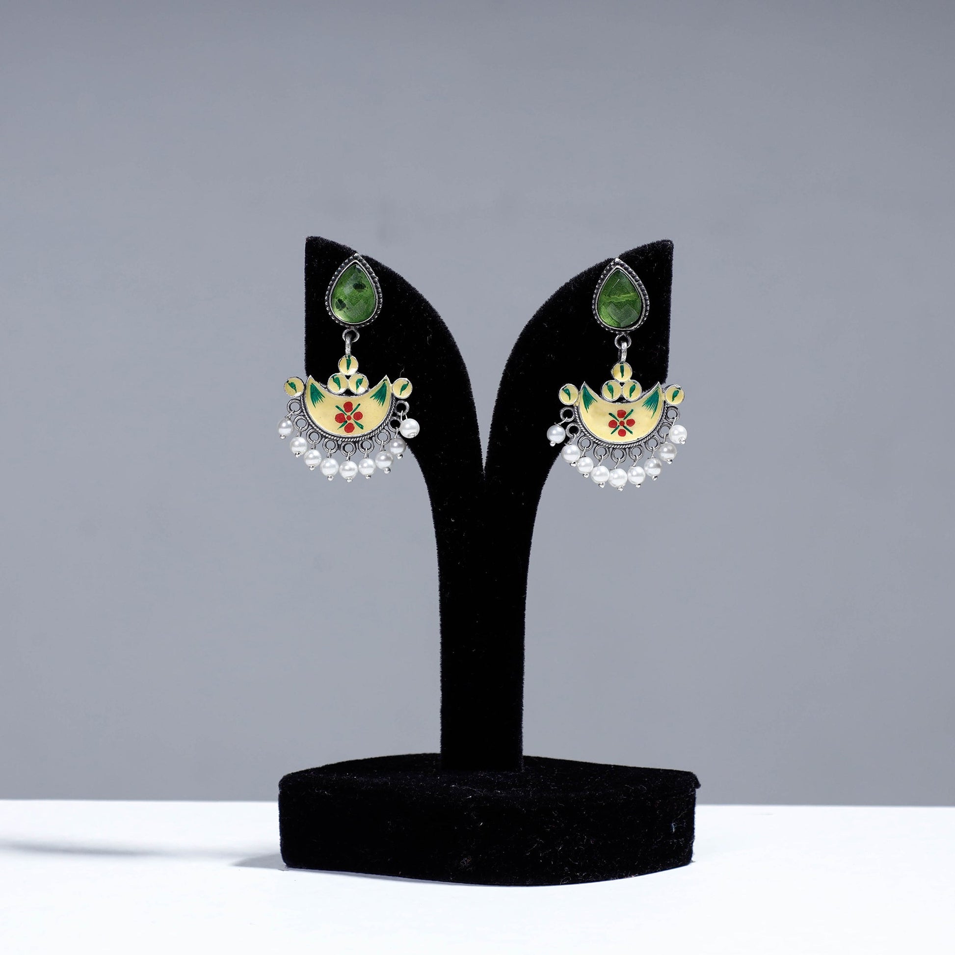 Antique Silver Finish Oxidised Brass Base Enamel & Stone Work Earrings