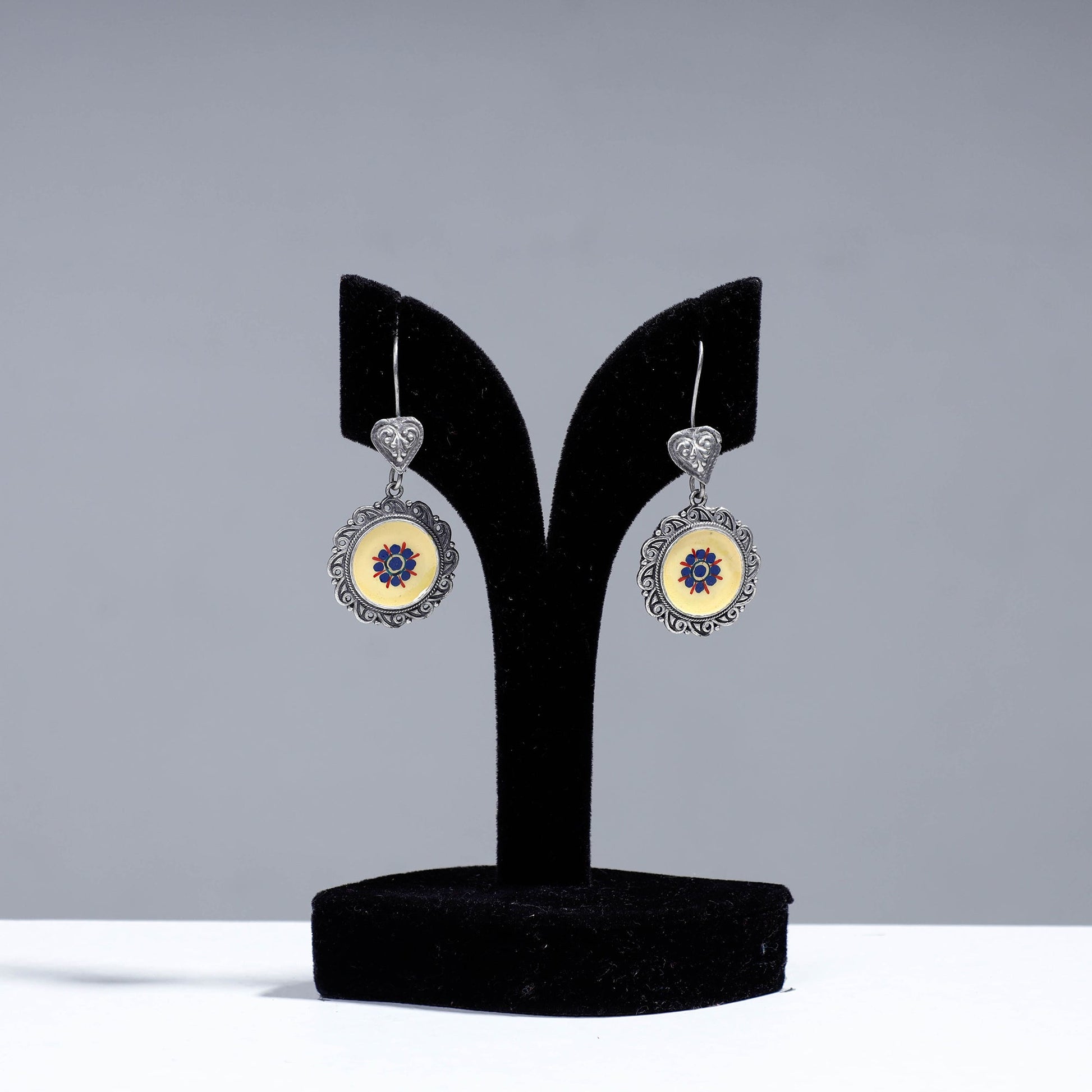 Antique Silver Finish Oxidised Brass Base Enamel Work Earrings