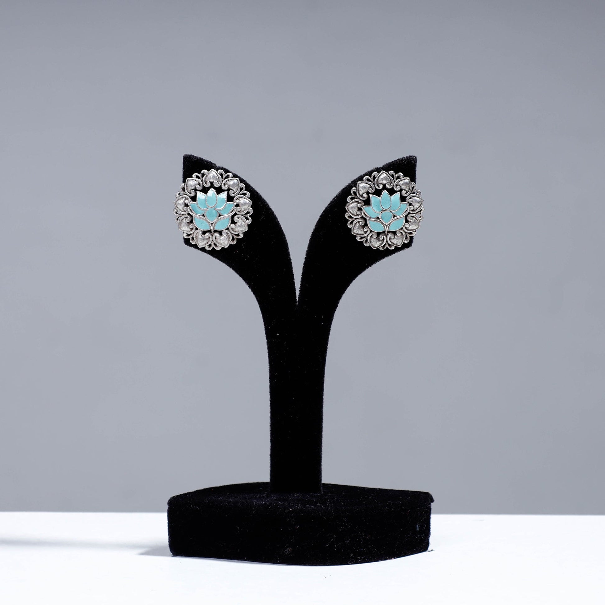 Antique Silver Finish Oxidised Brass Base Enamel Work Stud Earrings