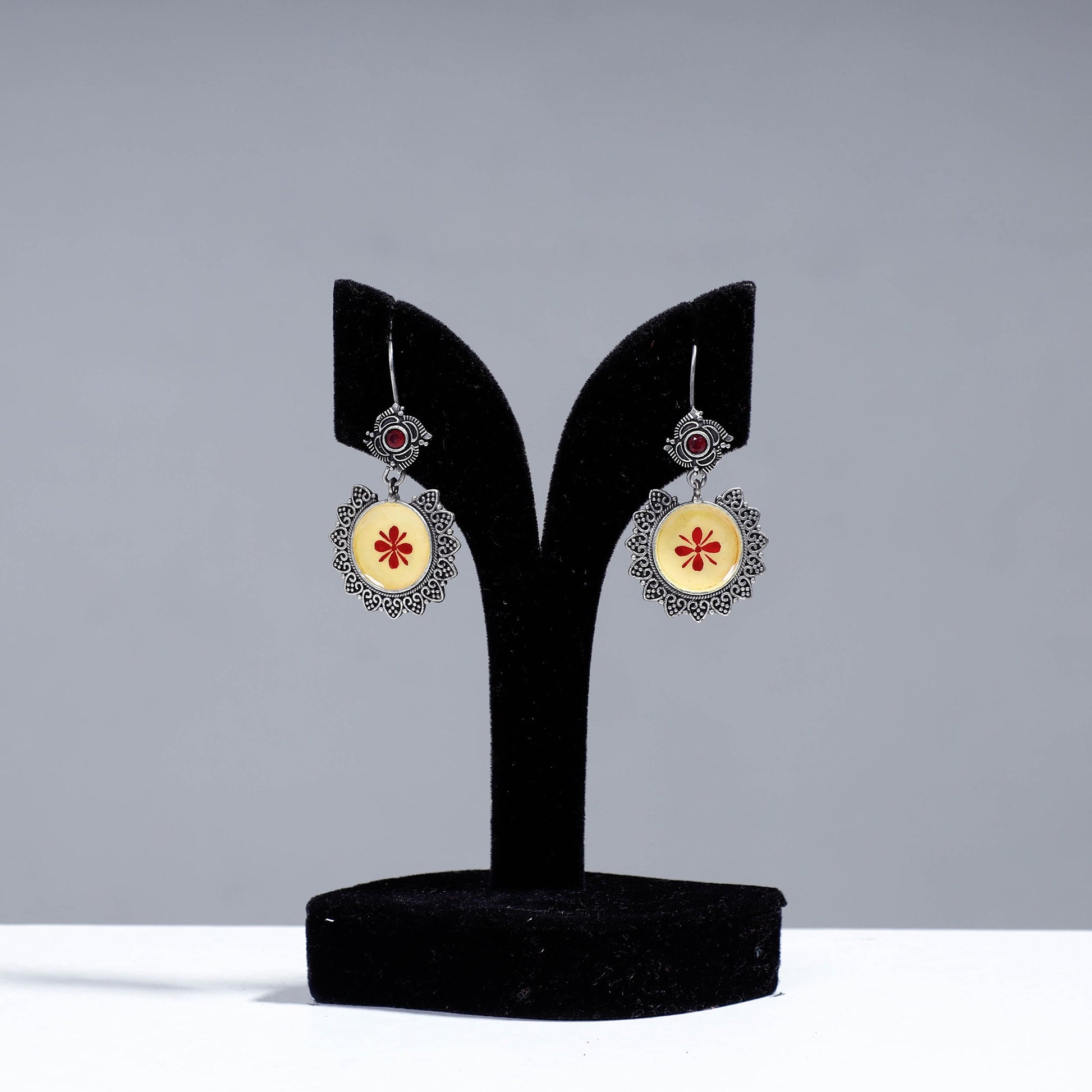 Antique Silver Finish Oxidised Brass Base Enamel Work Earrings