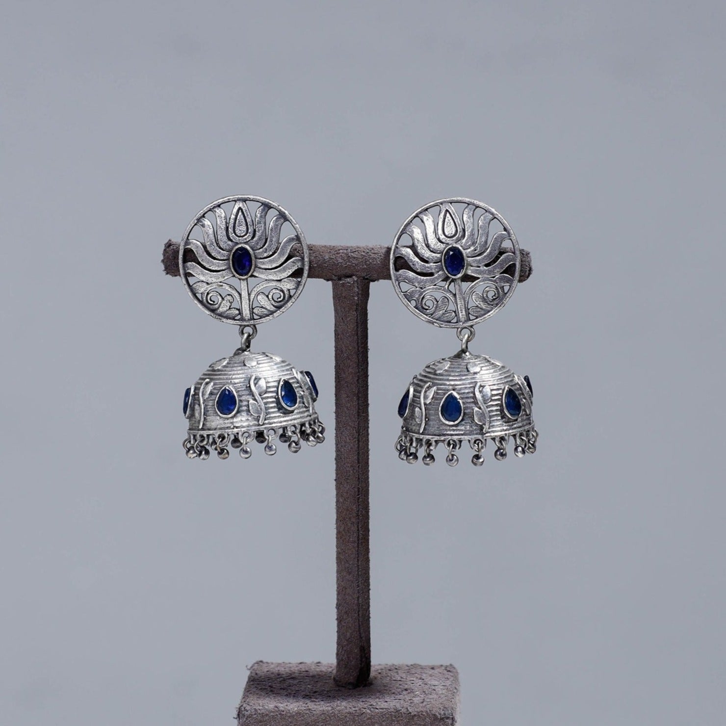 Antique Silver Finish Oxidised Brass Base Stone Work Jhumki Earrings