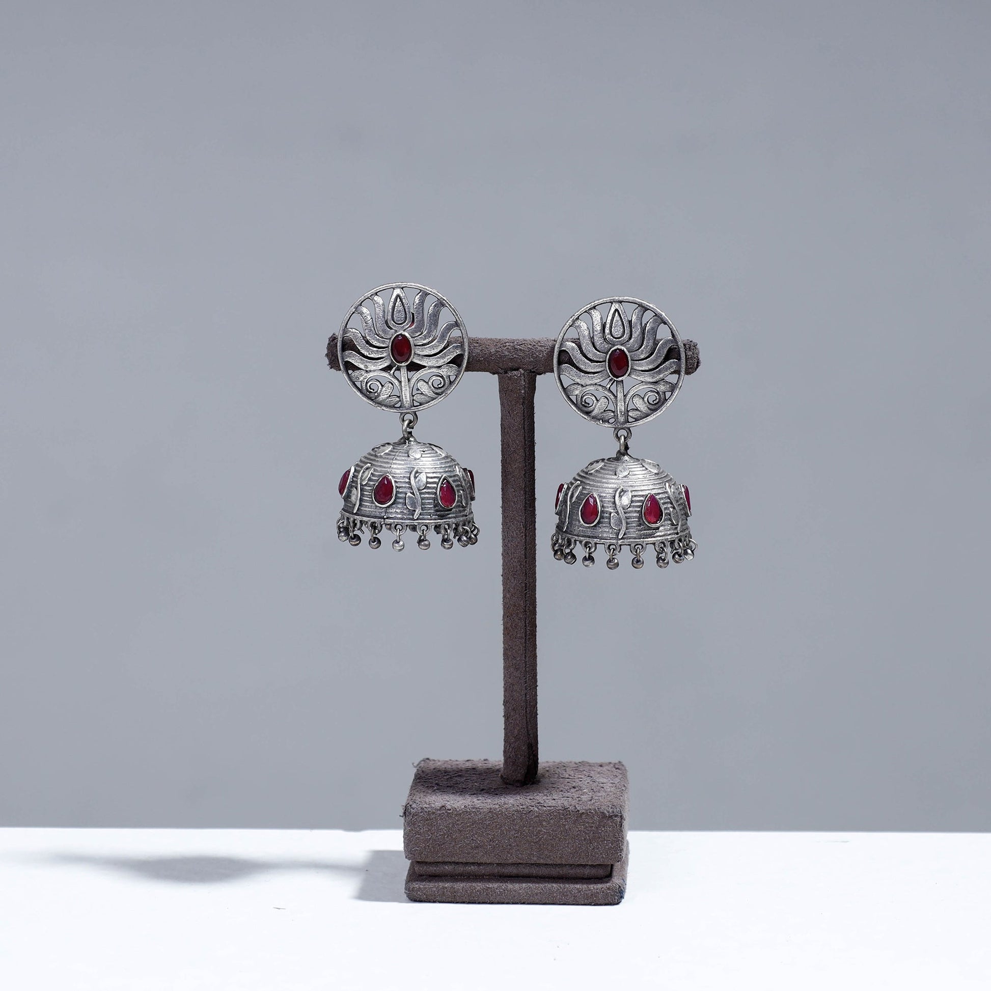 Antique Silver Finish Oxidised Brass Base Stone Work Jhumki Earrings