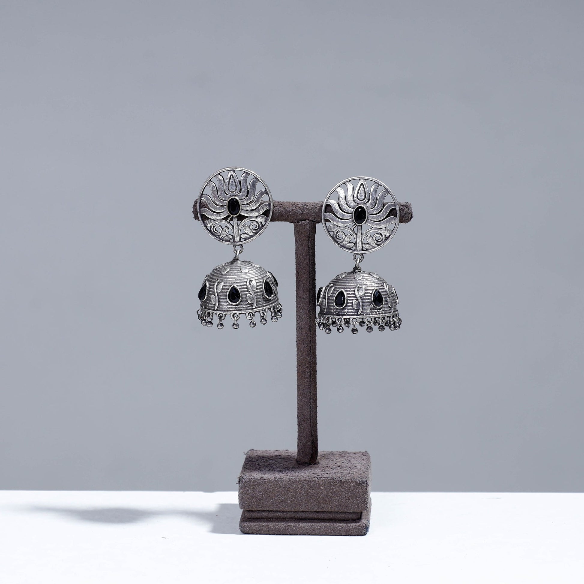 Antique Silver Finish Oxidised Brass Base Stone Work Jhumki Earrings