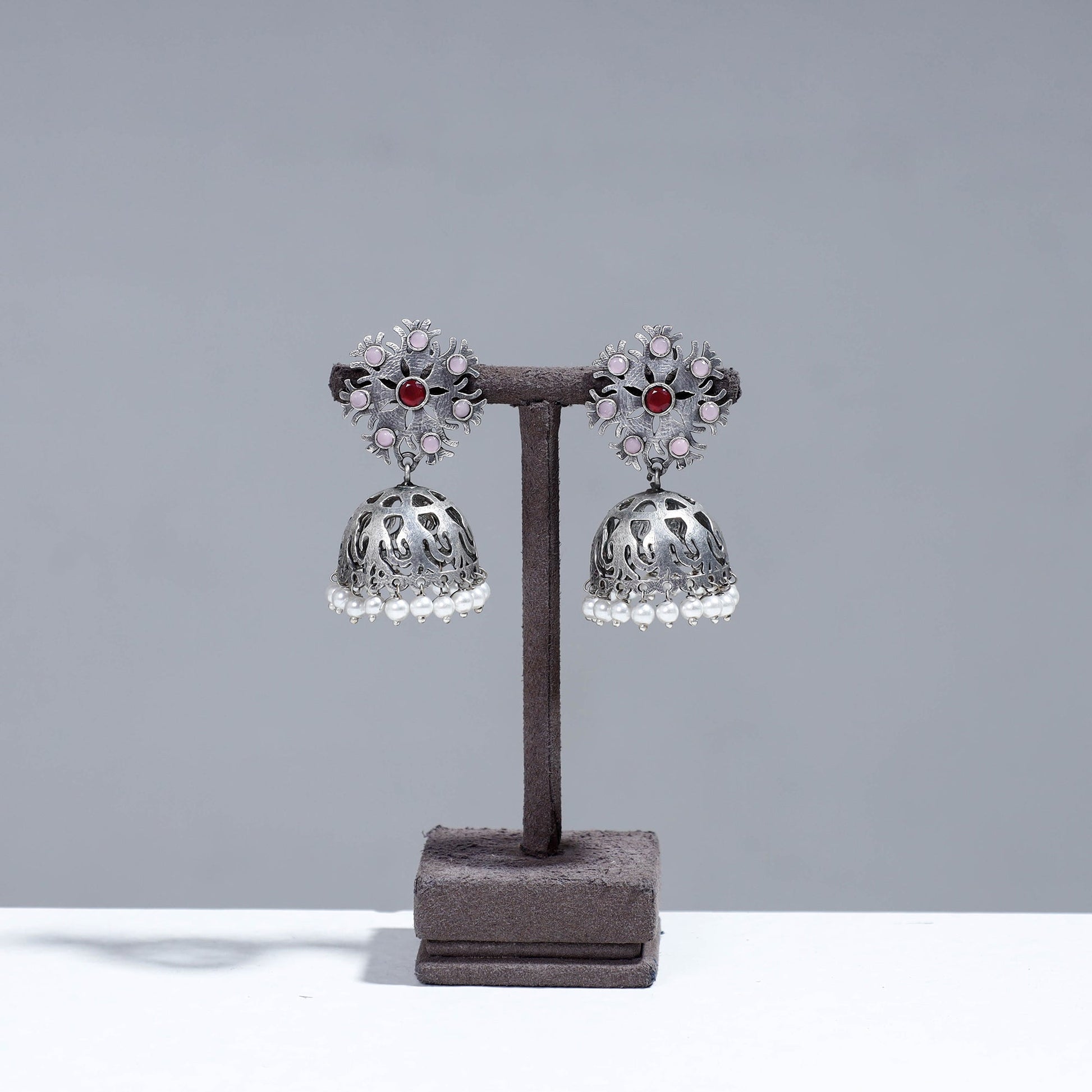Antique Silver Finish Oxidised Brass Base Stone Work Jhumka Earrings