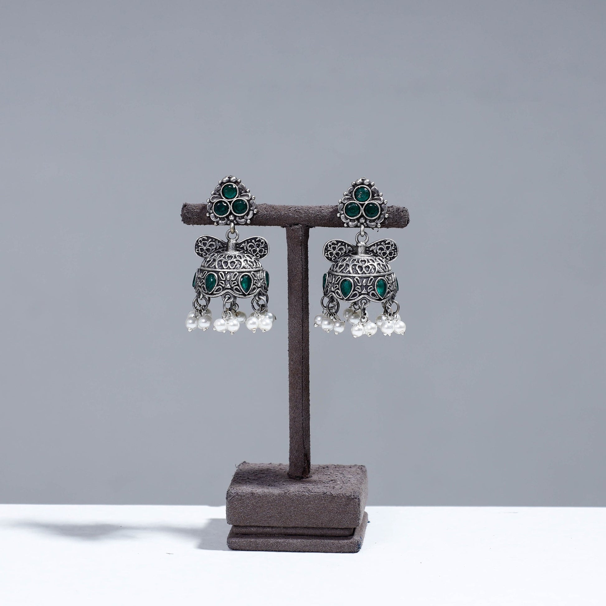 Antique Silver Finish Oxidised Brass Base Stone Work Jhumki Earrings