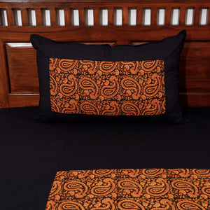 Black - Plain Cotton Double Bed Cover Set with Bagh Patchwork
