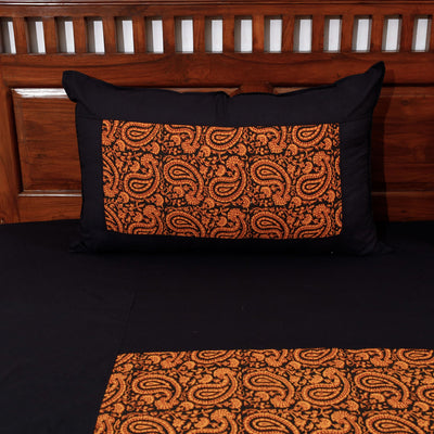 Black - Plain Cotton Double Bed Cover Set with Bagh Patchwork