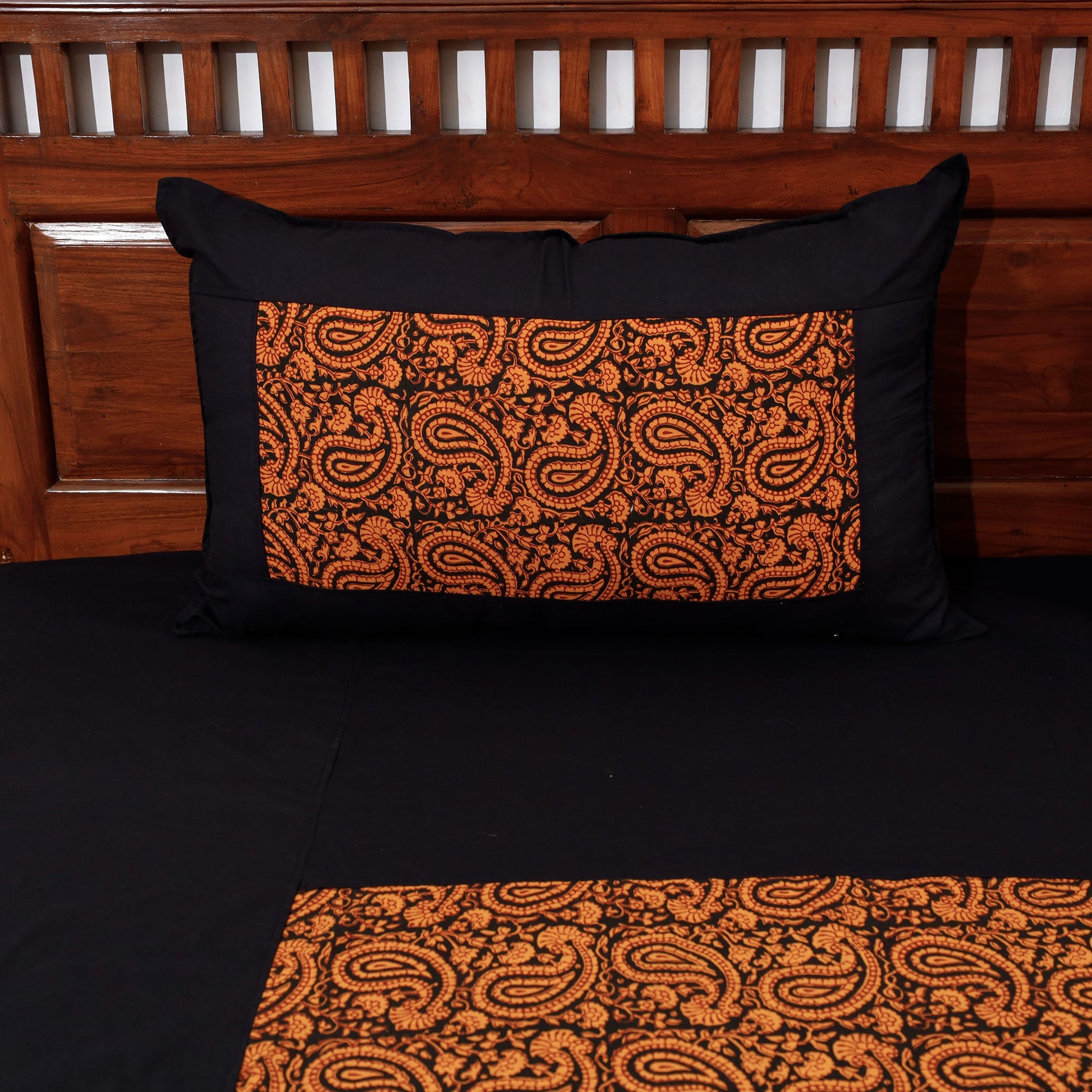 Black - Plain Cotton Double Bed Cover Set with Bagh Patchwork