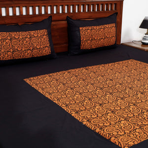 Black - Plain Cotton Double Bed Cover Set with Bagh Patchwork