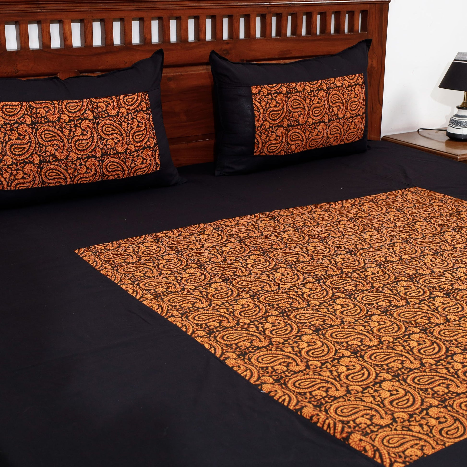 Black - Plain Cotton Double Bed Cover Set with Bagh Patchwork