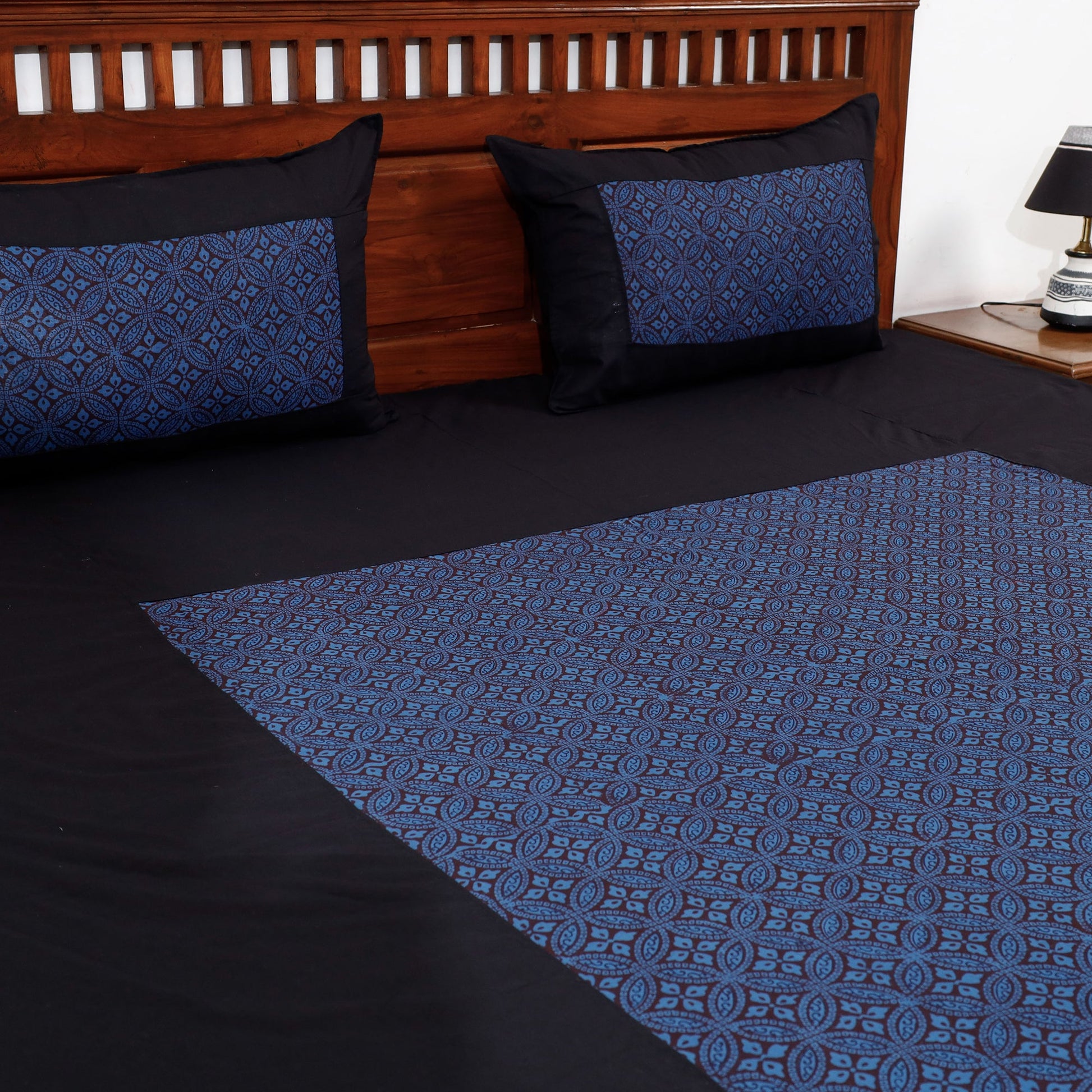Black - Plain Cotton Double Bed Cover Set with Bagh Patchwork