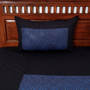 Black - Plain Cotton Double Bed Cover Set with Bagh Patchwork