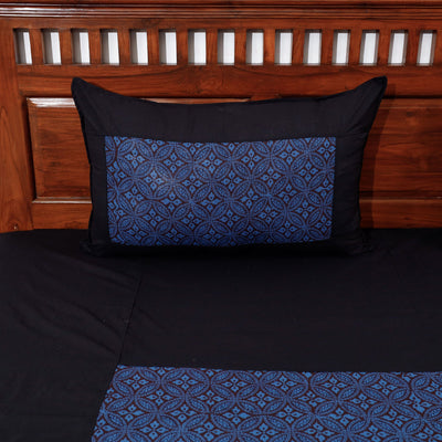 Black - Plain Cotton Double Bed Cover Set with Bagh Patchwork