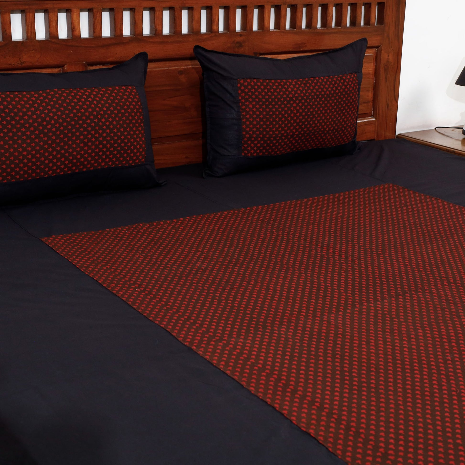Black - Plain Cotton Double Bed Cover Set with Bagh Patchwork