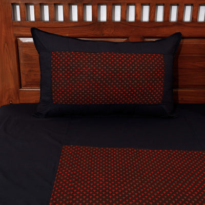 Black - Plain Cotton Double Bed Cover Set with Bagh Patchwork