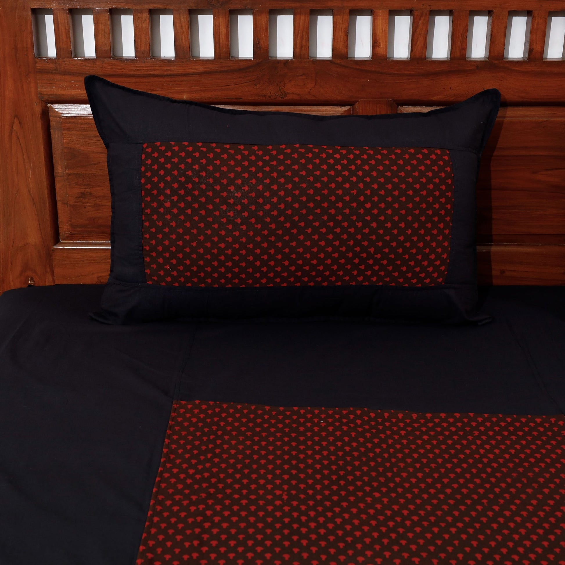 Black - Plain Cotton Double Bed Cover Set with Bagh Patchwork