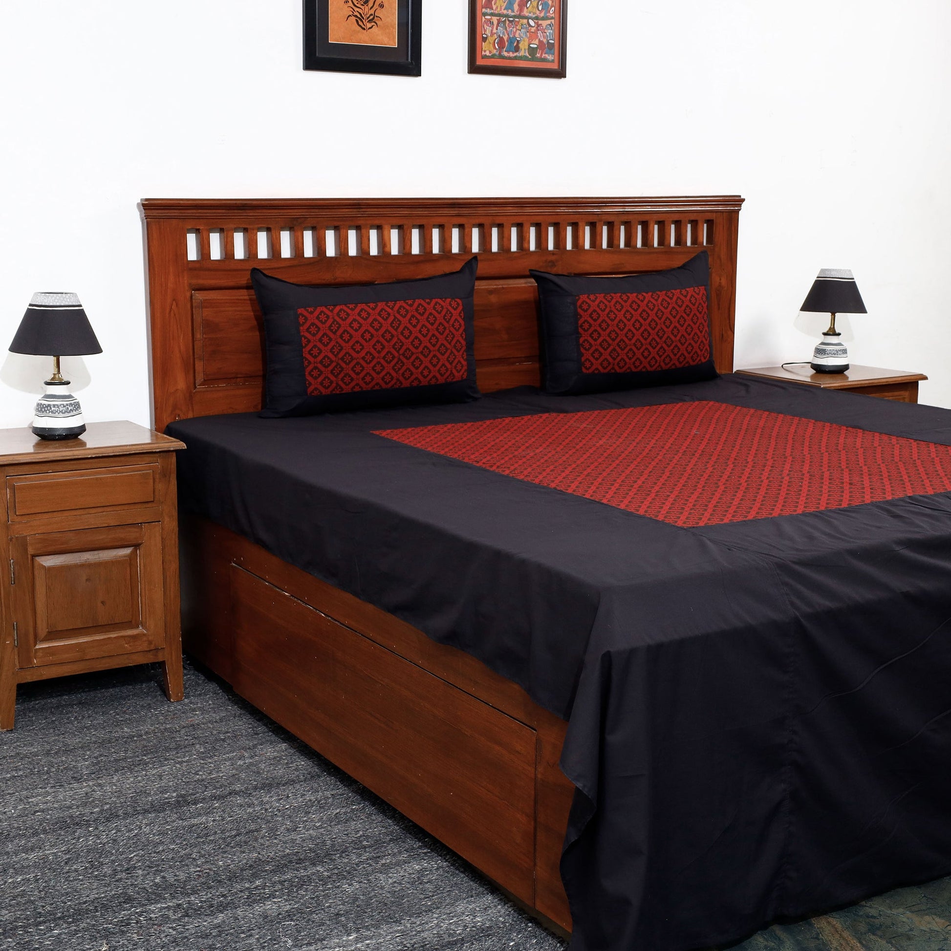 Black - Plain Cotton Double Bed Cover Set with Bagh Patchwork