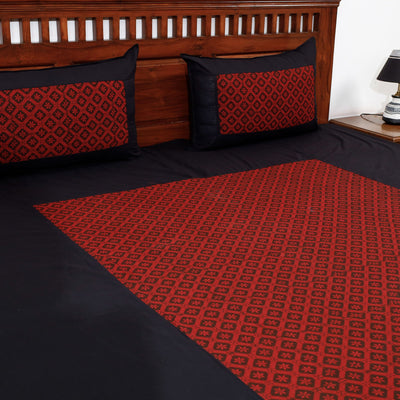Black - Plain Cotton Double Bed Cover Set with Bagh Patchwork