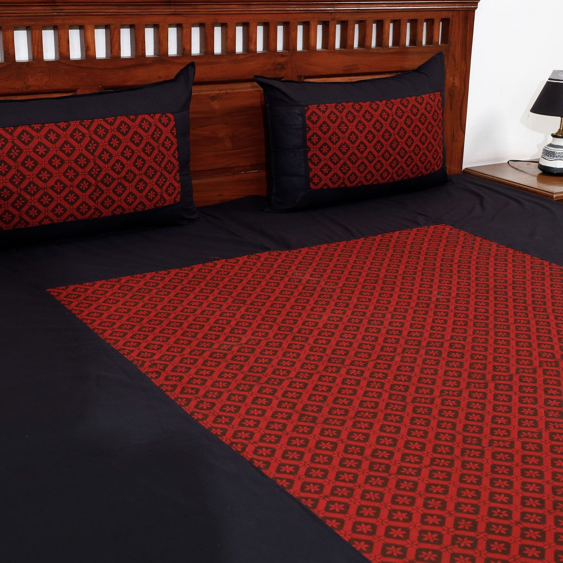 Black - Plain Cotton Double Bed Cover Set with Bagh Patchwork