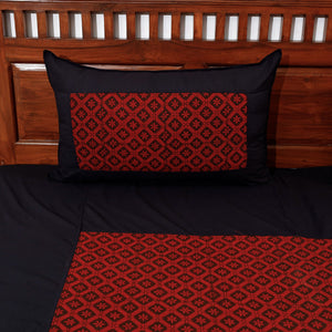 Black - Plain Cotton Double Bed Cover Set with Bagh Patchwork