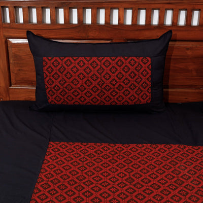 Black - Plain Cotton Double Bed Cover Set with Bagh Patchwork