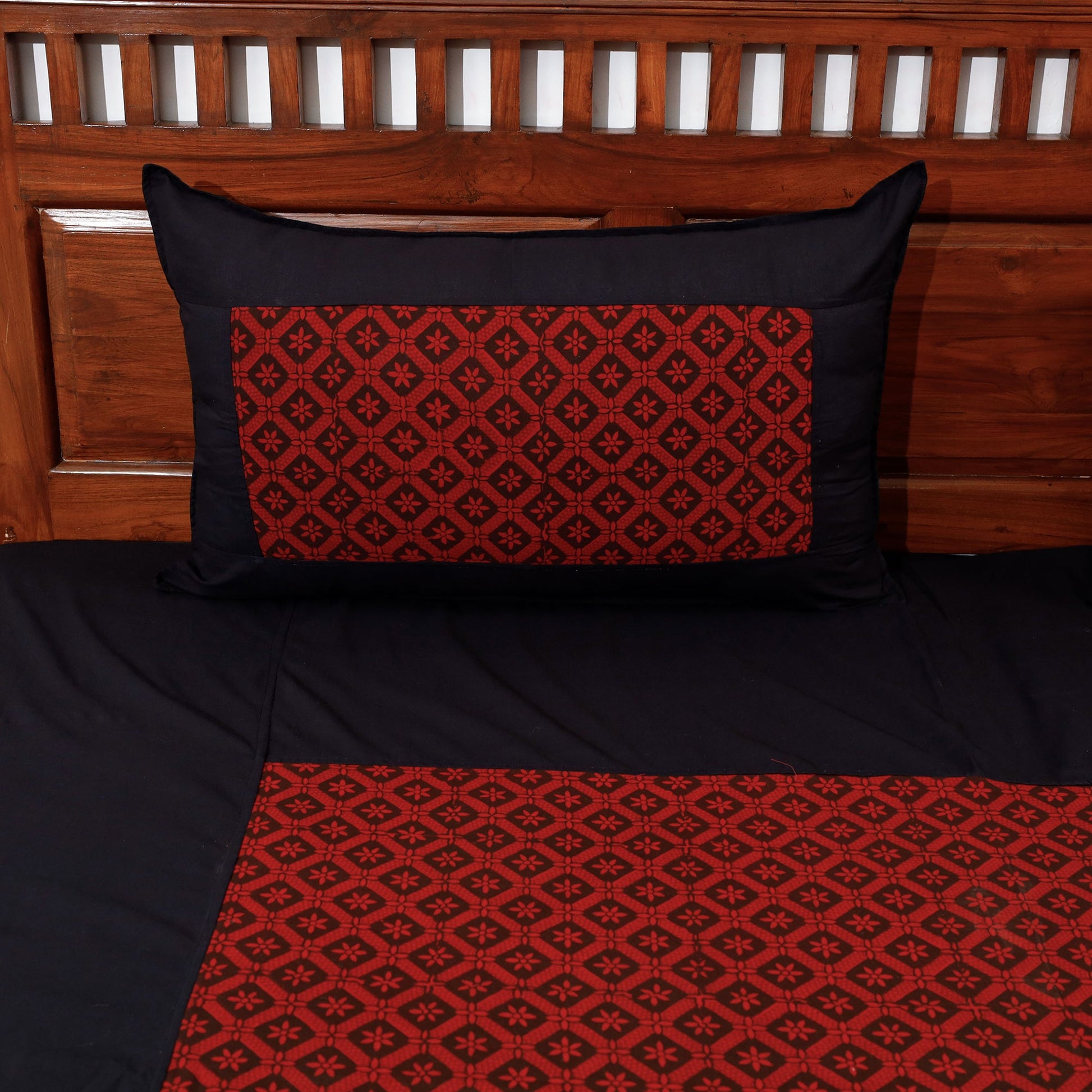 Black - Plain Cotton Double Bed Cover Set with Bagh Patchwork