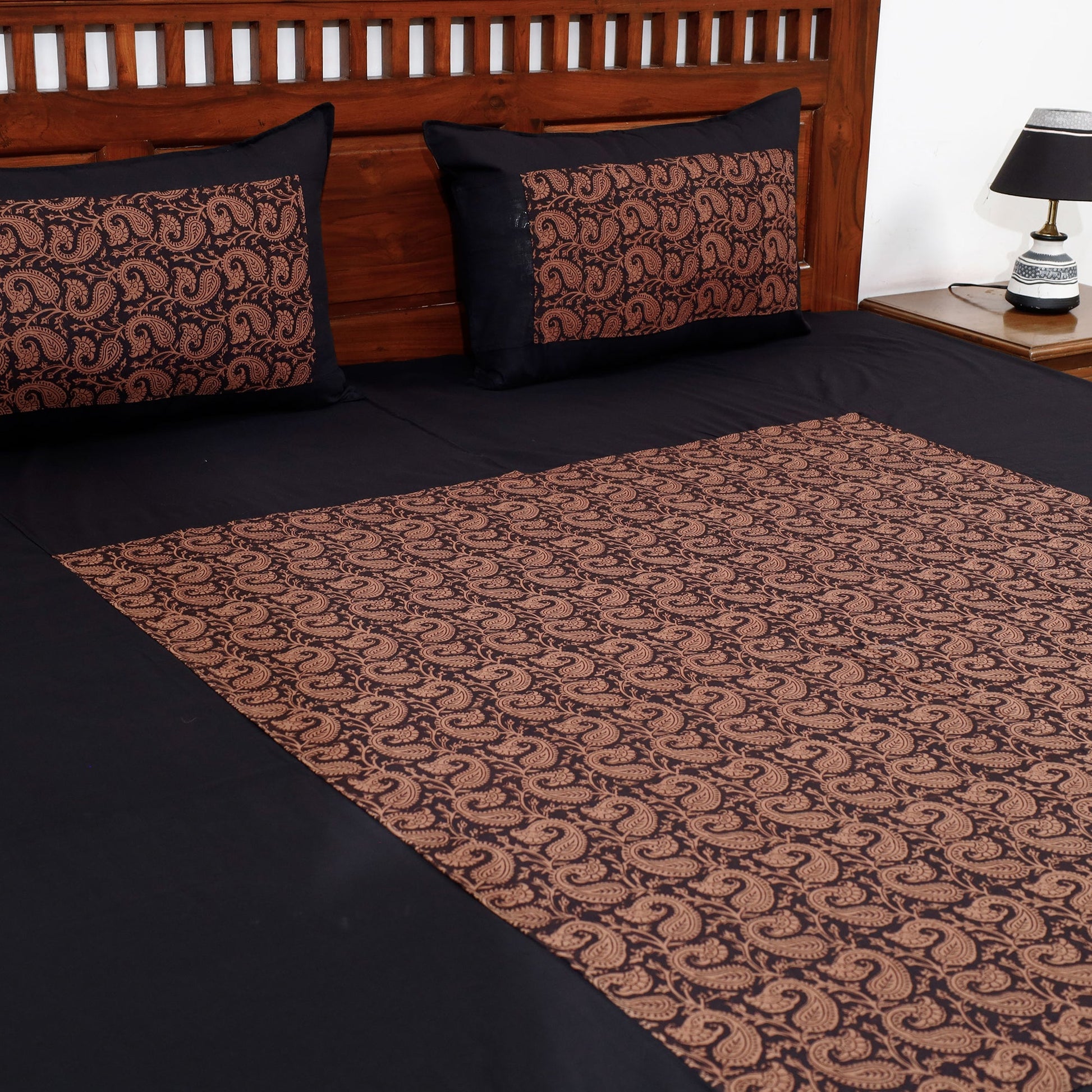 Black - Plain Cotton Double Bed Cover Set with Bagh Patchwork