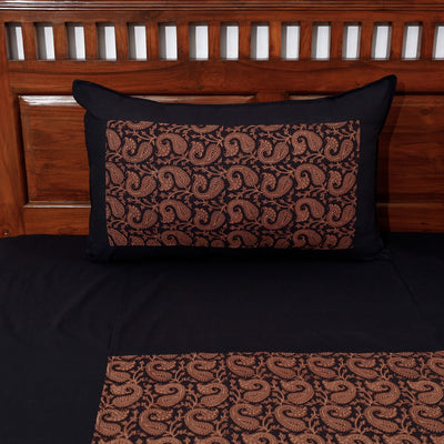 Black - Plain Cotton Double Bed Cover Set with Bagh Patchwork