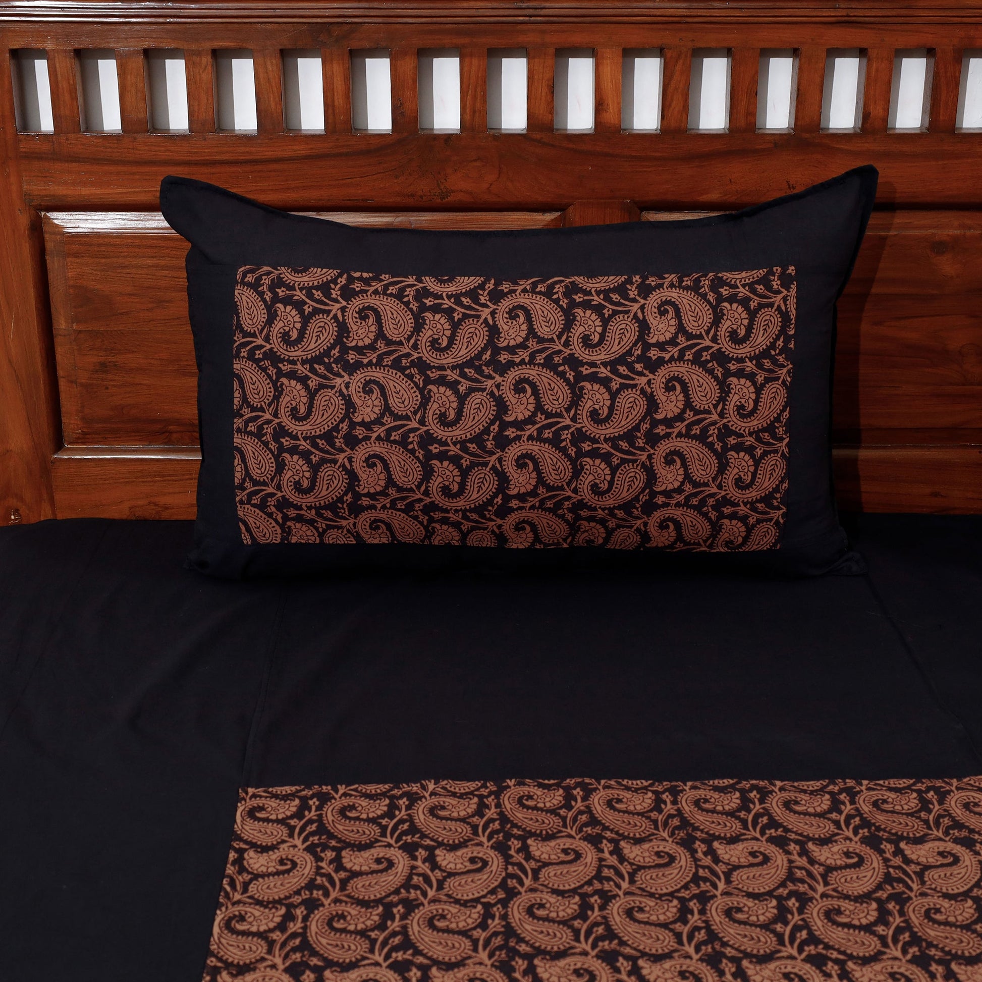 Black - Plain Cotton Double Bed Cover Set with Bagh Patchwork