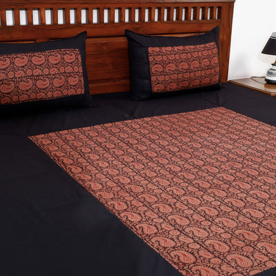 Black - Plain Cotton Double Bed Cover Set with Bagh Patchwork