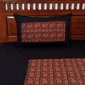 Black - Plain Cotton Double Bed Cover Set with Bagh Patchwork
