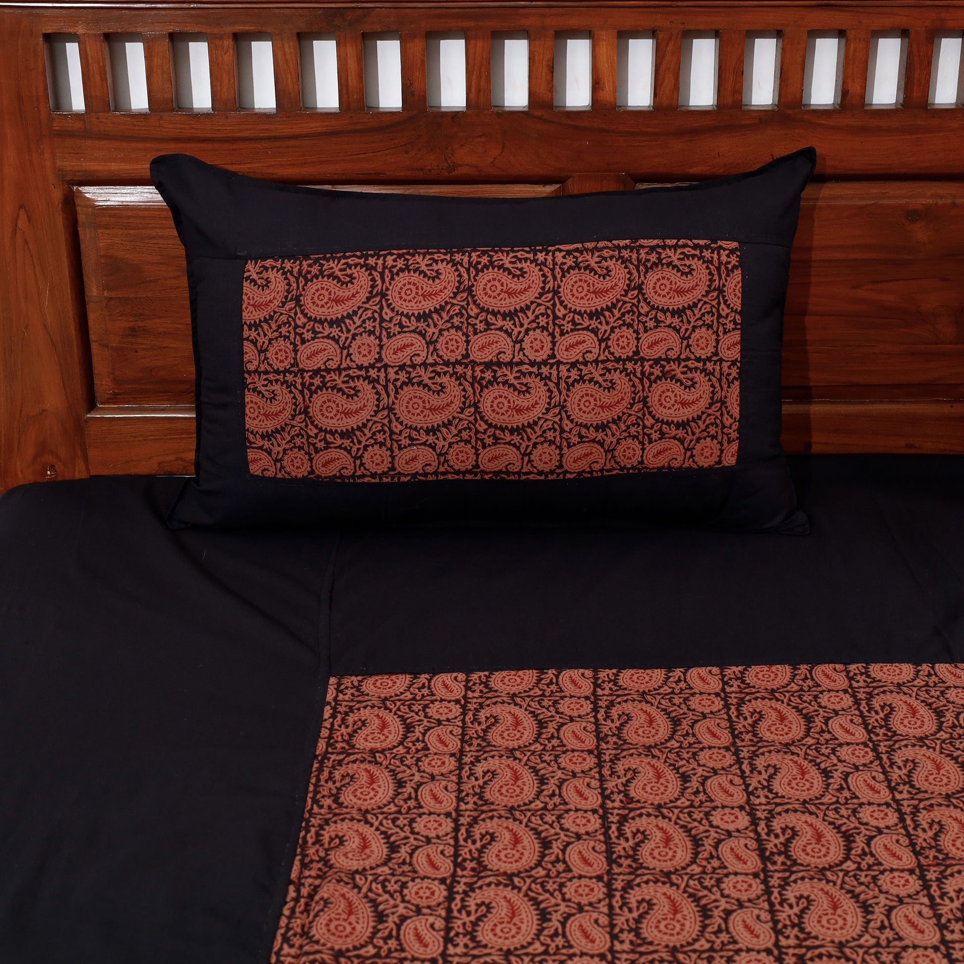 Black - Plain Cotton Double Bed Cover Set with Bagh Patchwork