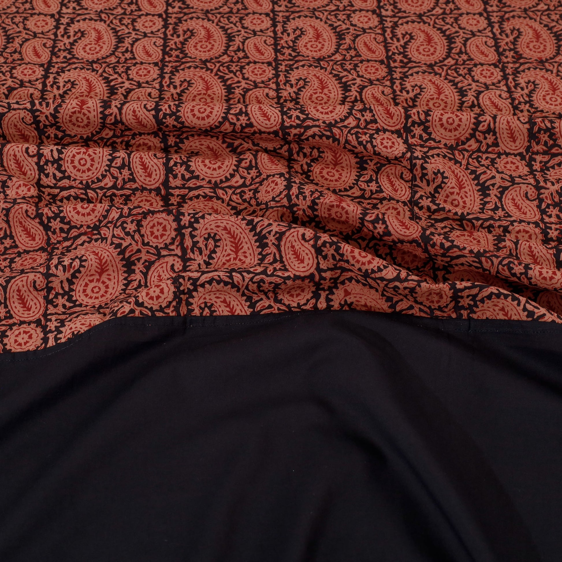 Black - Plain Cotton Double Bed Cover Set with Bagh Patchwork