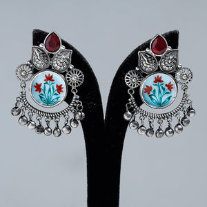 Antique Silver Finish Oxidised Brass Base Enamel & Stone Work Earrings
