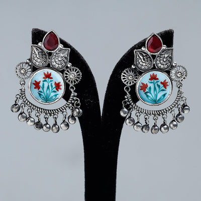 Antique Silver Finish Oxidised Brass Base Enamel & Stone Work Earrings