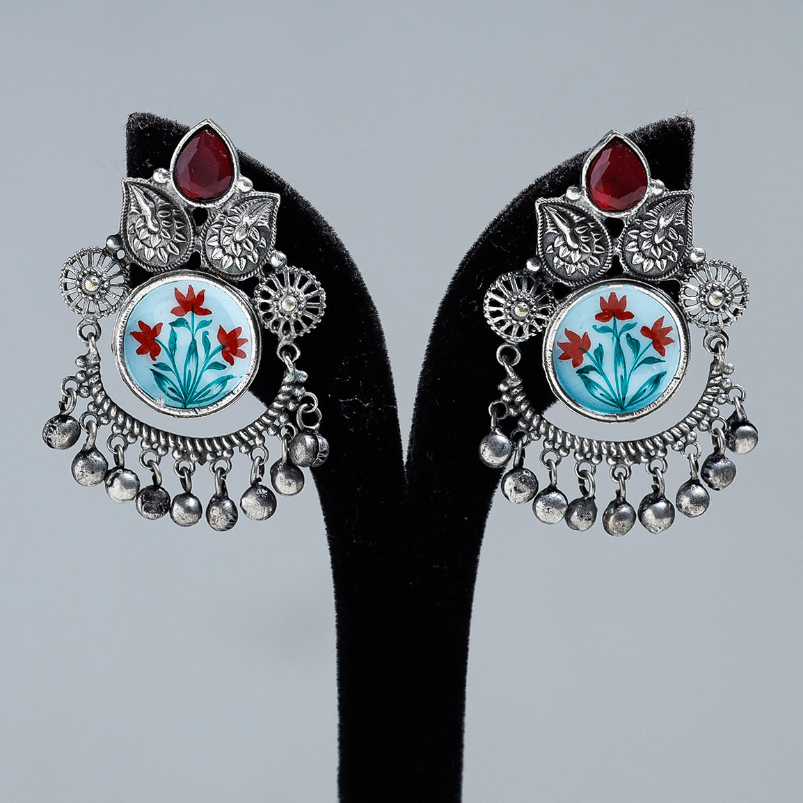 Antique Silver Finish Oxidised Brass Base Enamel & Stone Work Earrings
