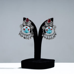 Antique Silver Finish Oxidised Brass Base Enamel & Stone Work Earrings