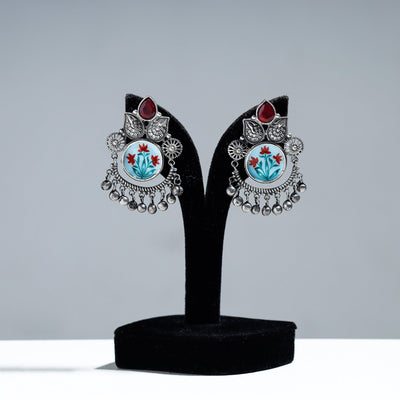 Antique Silver Finish Oxidised Brass Base Enamel & Stone Work Earrings