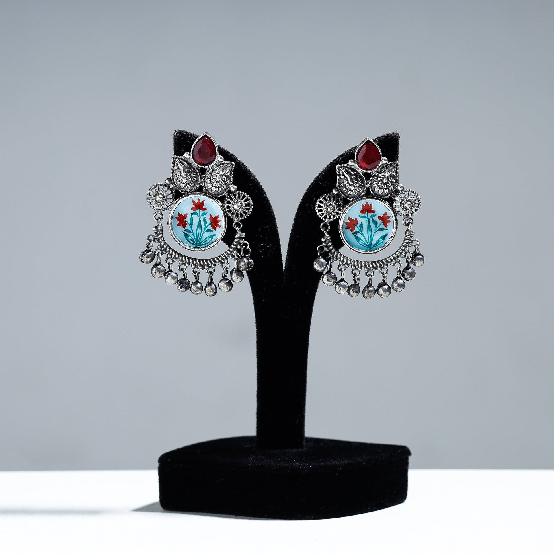Antique Silver Finish Oxidised Brass Base Enamel & Stone Work Earrings