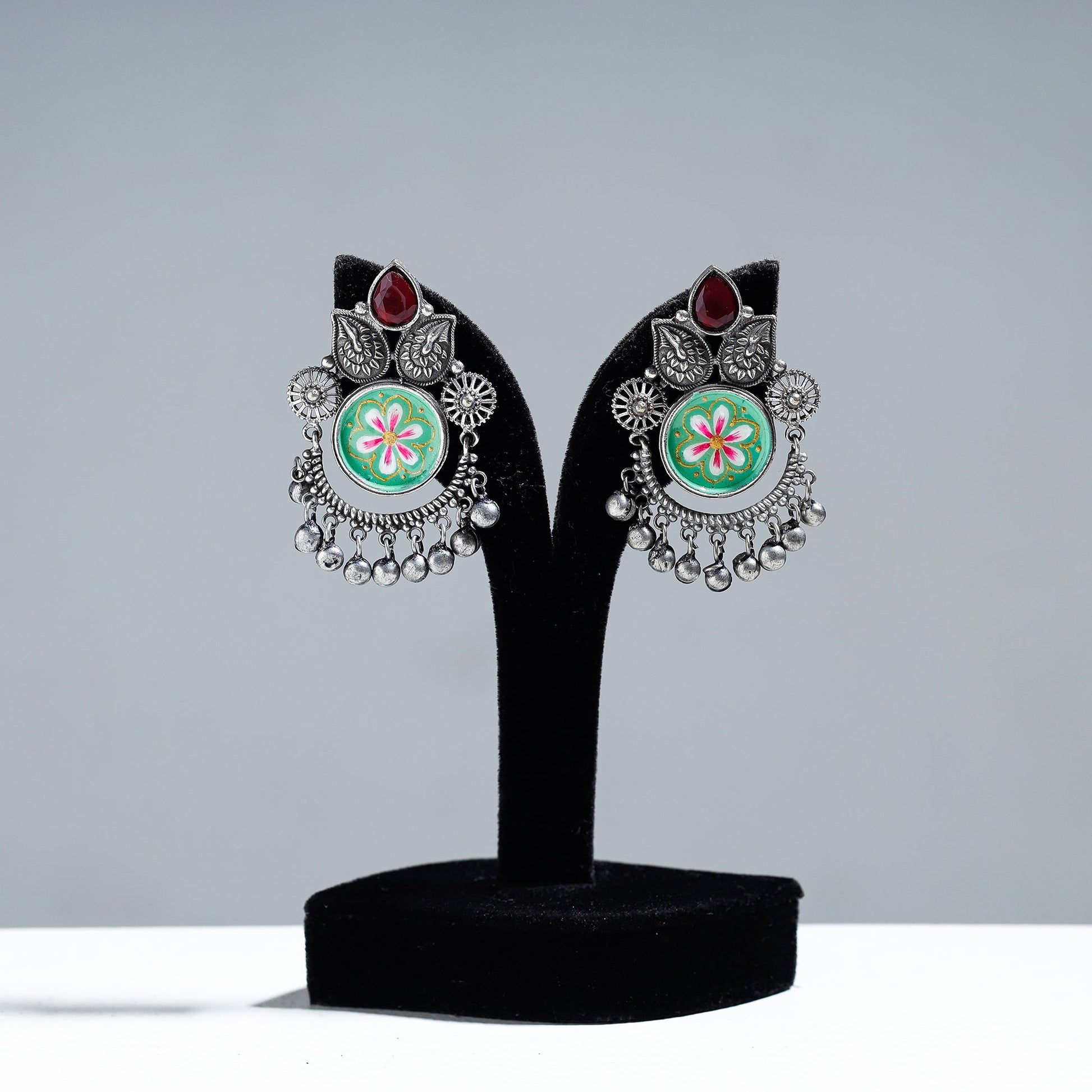 Antique Silver Finish Oxidised Brass Base Enamel & Stone Work Earrings