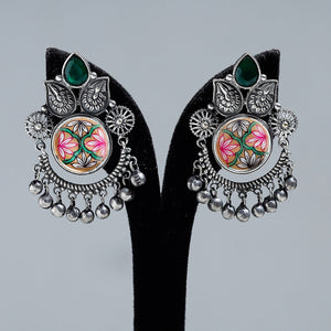 Antique Silver Finish Oxidised Brass Base Enamel & Stone Work Earrings