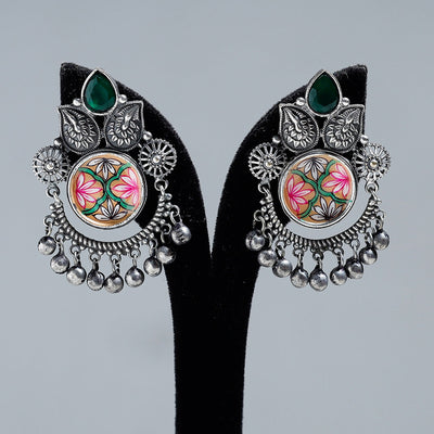 Antique Silver Finish Oxidised Brass Base Enamel & Stone Work Earrings