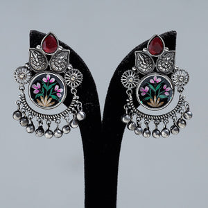 Antique Silver Finish Oxidised Brass Base Enamel & Stone Work Earrings