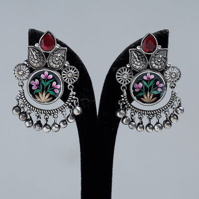 Antique Silver Finish Oxidised Brass Base Enamel & Stone Work Earrings