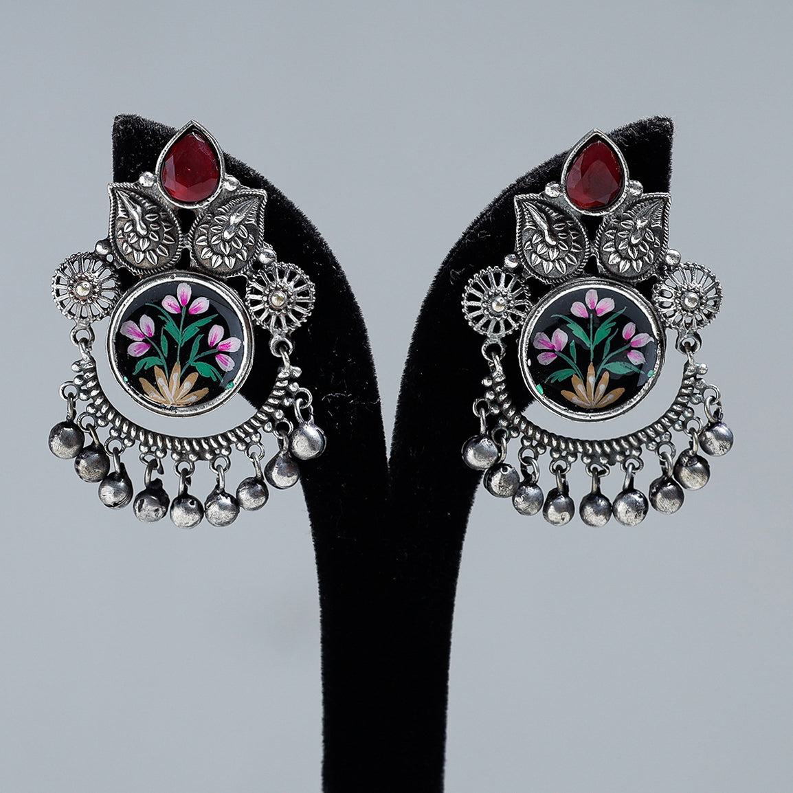 Antique Silver Finish Oxidised Brass Base Enamel & Stone Work Earrings