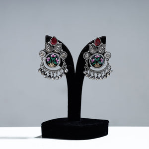 Antique Silver Finish Oxidised Brass Base Enamel & Stone Work Earrings