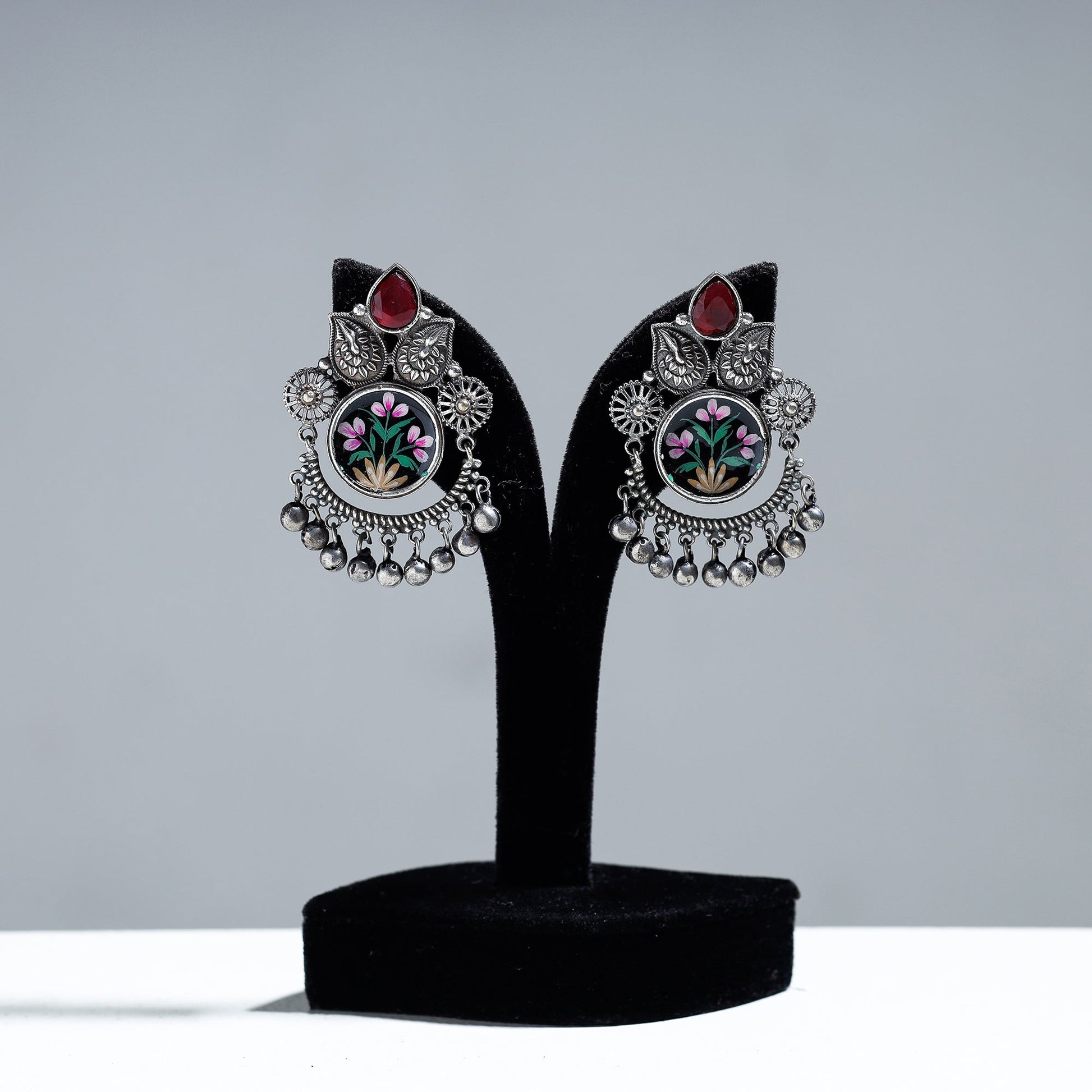 Antique Silver Finish Oxidised Brass Base Enamel & Stone Work Earrings