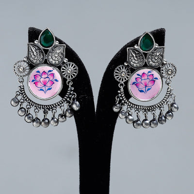 Antique Silver Finish Oxidised Brass Base Enamel & Stone Work Earrings