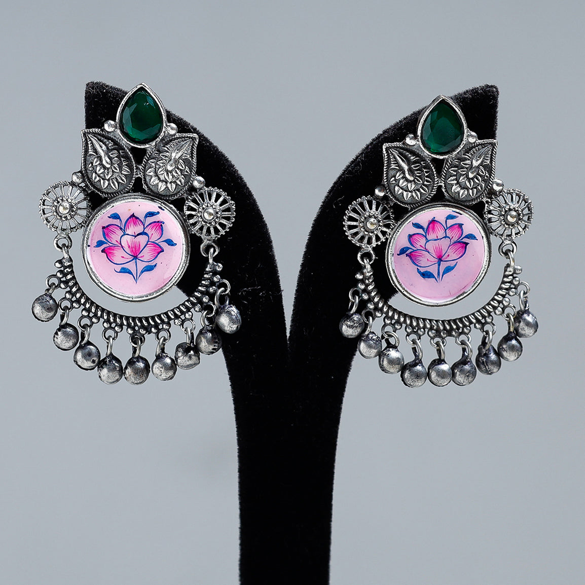 Antique Silver Finish Oxidised Brass Base Enamel & Stone Work Earrings