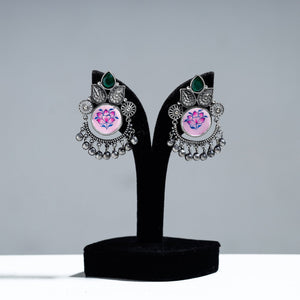 Antique Silver Finish Oxidised Brass Base Enamel & Stone Work Earrings